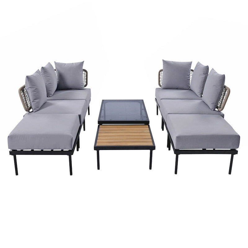 Ensemble de canapé d'angle de terrasse 8 pièces avec table basse en verre trempé