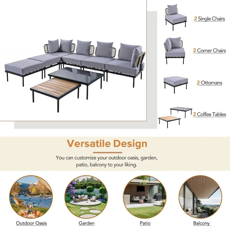 Ensemble de canapé d'angle de terrasse 8 pièces avec table basse en verre trempé