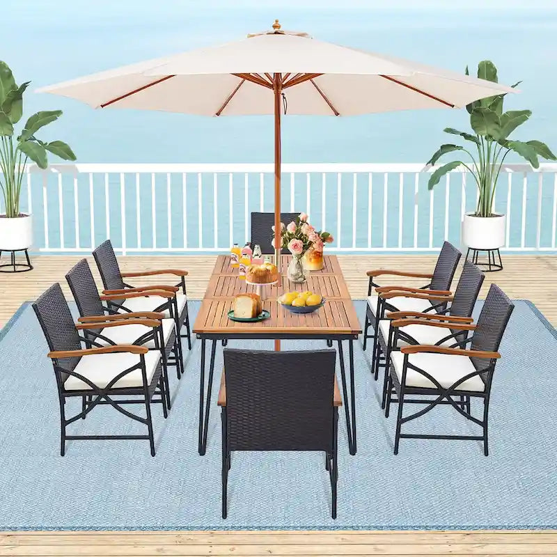 Ensemble de salle à manger en rotin 9 pièces avec trou pour parasol pour l'extérieur