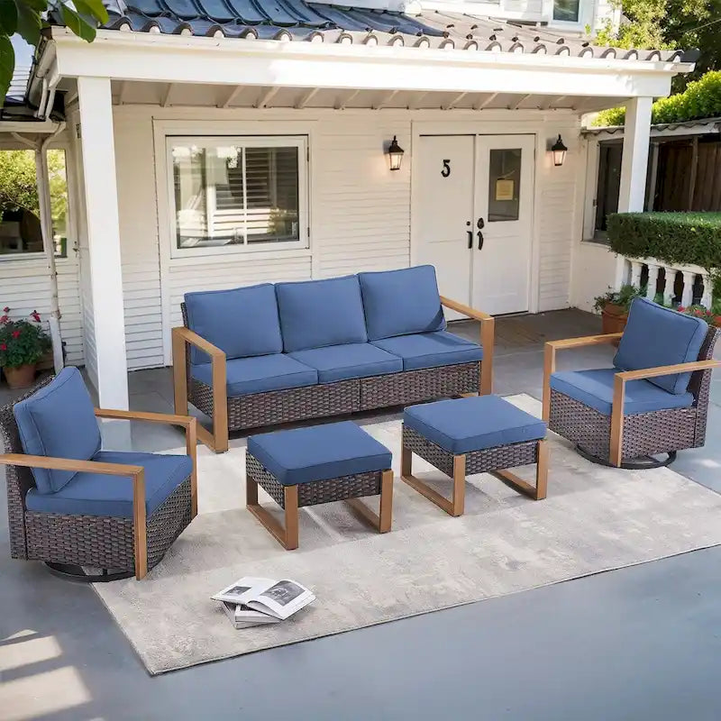 Canapé et fauteuil pivotant en rotin PE, 2 poufs - Marron