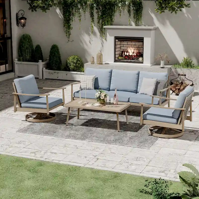 Ensemble de conversation en aluminium 5 places pour patio avec 2 chaises pivotantes, une causeuse et une table basse