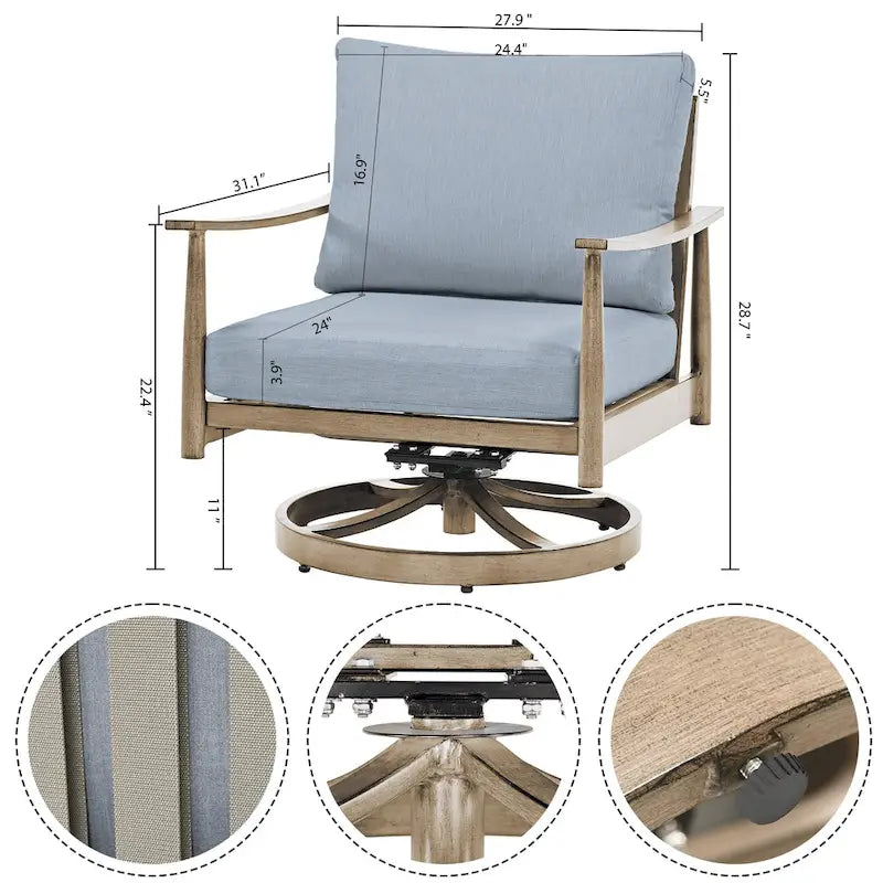Ensemble de conversation en aluminium 5 places pour patio avec 2 chaises pivotantes, une causeuse et une table basse