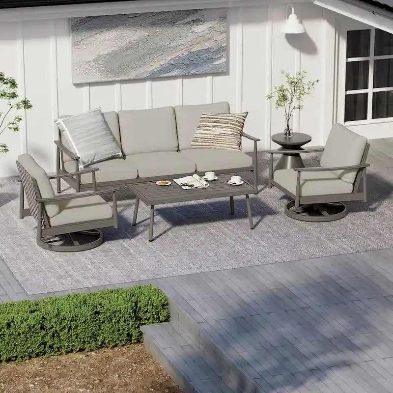 Ensemble de conversation en aluminium 5 places pour patio avec 2 chaises pivotantes, une causeuse et une table basse
