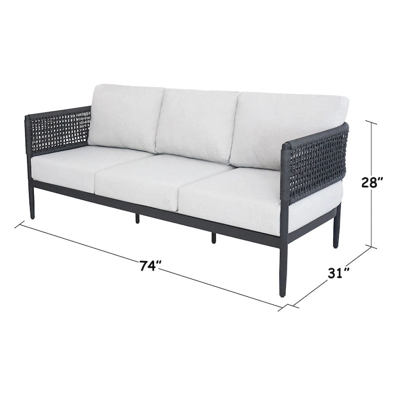 Canapé de terrasse 3 places en corde d'abaca tressée d'extérieur avec coussins