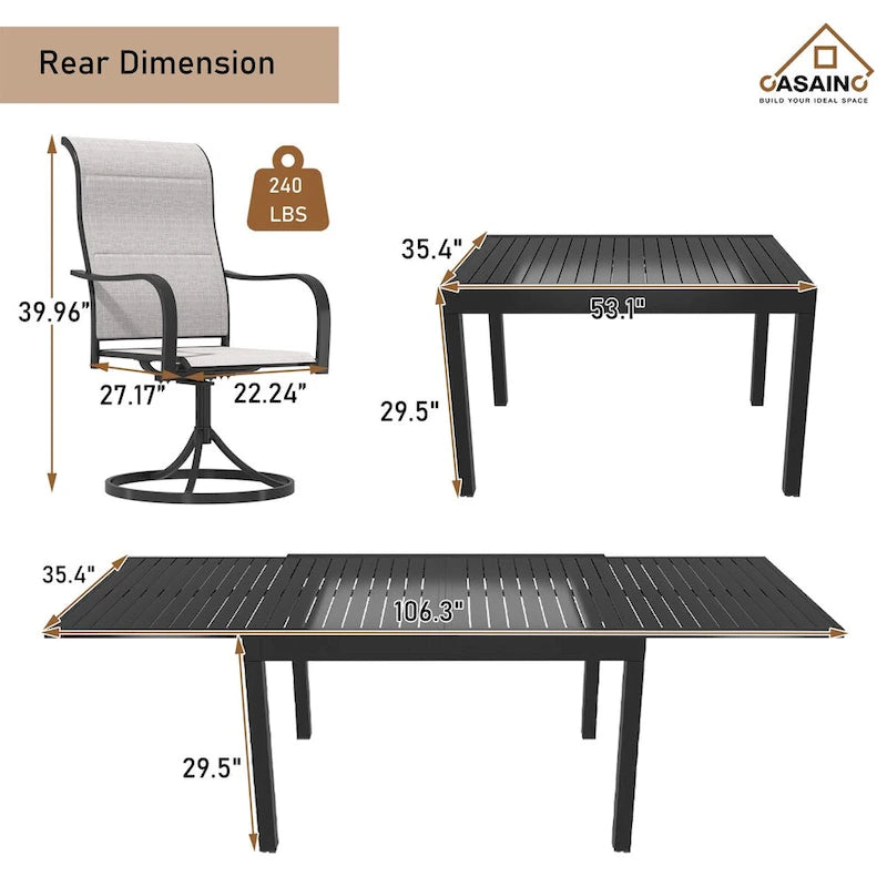 Ensemble repas de jardin 9 pièces avec cadre en métal, table à manger extensible en aluminium