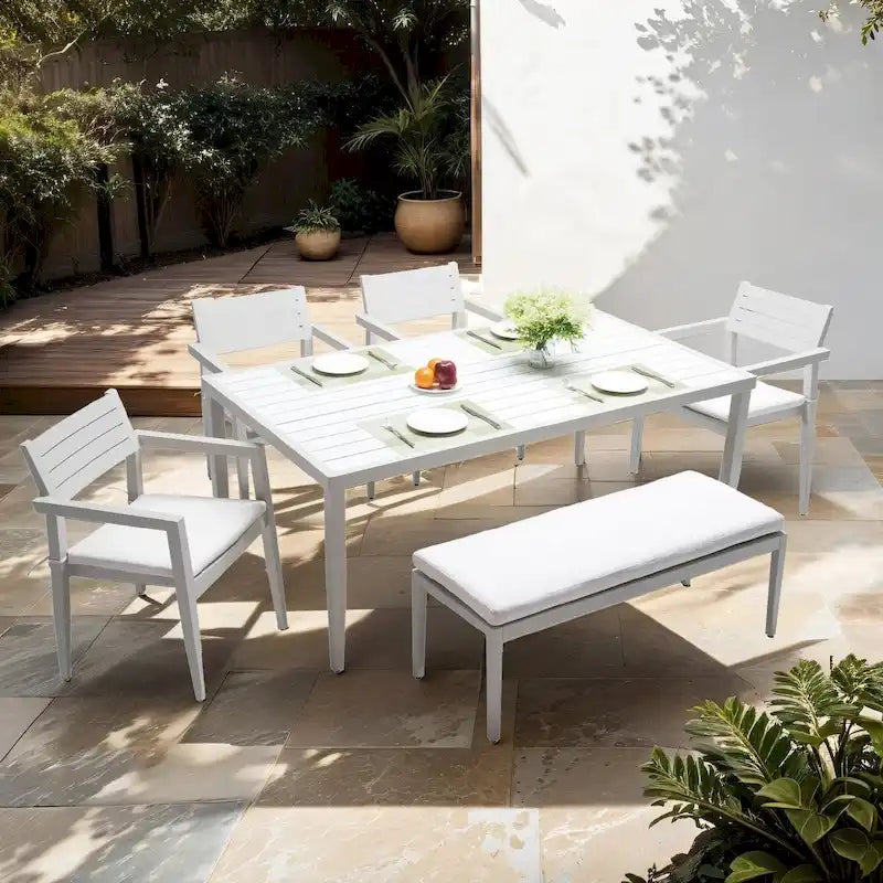 Ensemble de salle à manger d'extérieur 6 pièces en aluminium blanc mat avec coussins gris et trou pour parasol