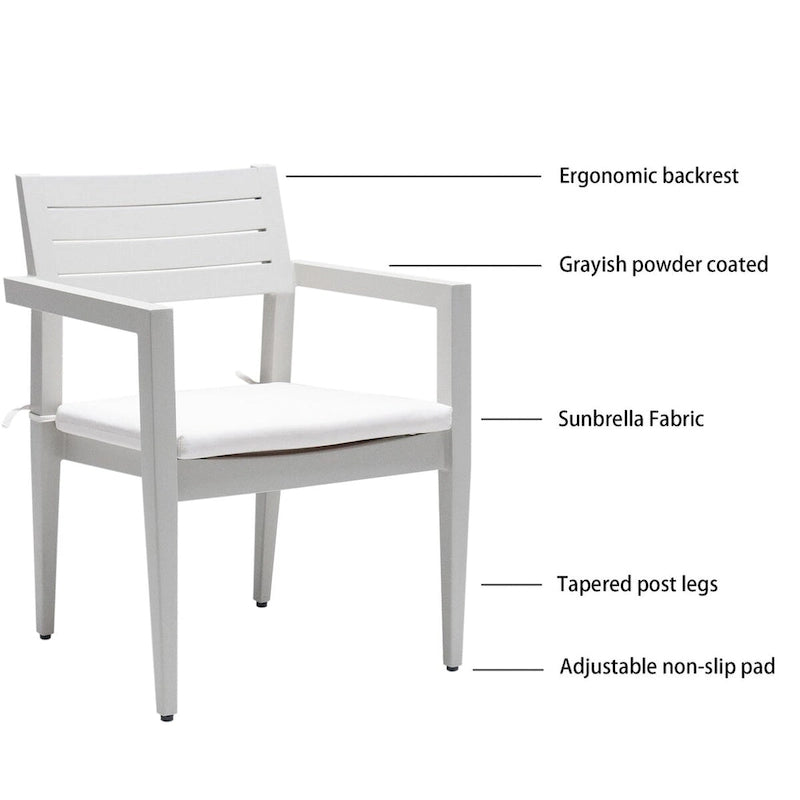 Ensemble de salle à manger d'extérieur 6 pièces en aluminium blanc mat avec coussins gris et trou pour parasol
