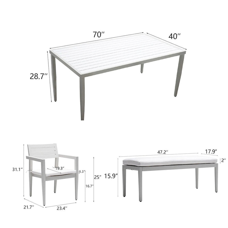 Ensemble de salle à manger d'extérieur 6 pièces en aluminium blanc mat avec coussins gris et trou pour parasol