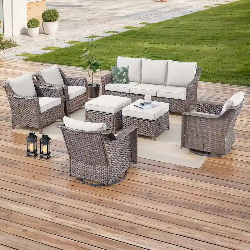 Ensemble de canapé et fauteuils de patio en rotin avec poufs - Marron