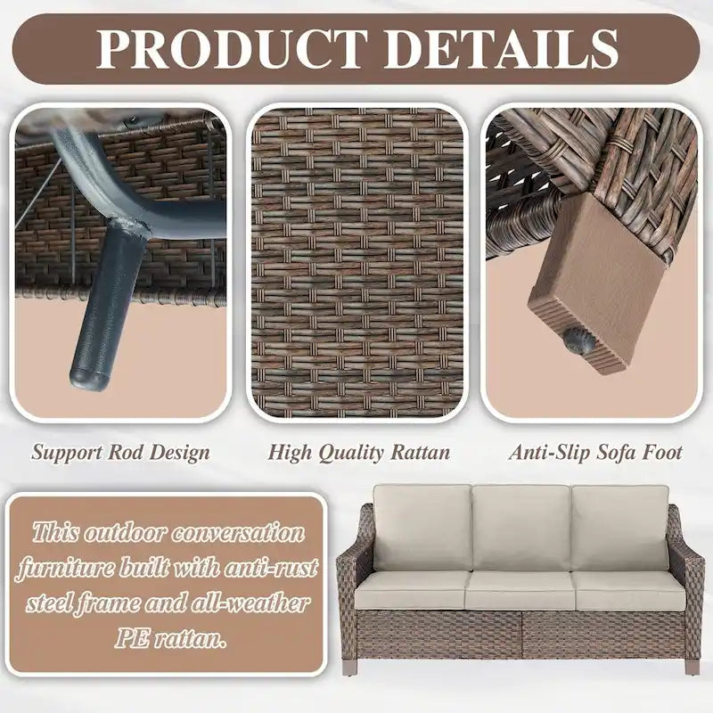 Ensemble de canapé et fauteuils de patio en rotin avec poufs - Marron