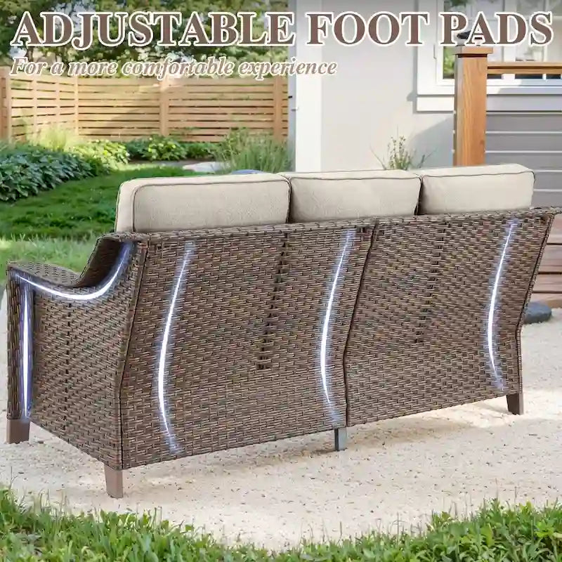 Ensemble de canapé et fauteuils de patio en rotin avec poufs - Marron