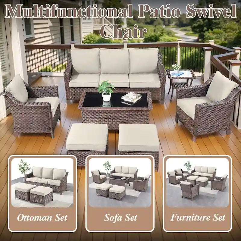 Ensemble de canapé et fauteuils de patio en rotin avec poufs - Marron