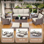Ensemble de canapé et fauteuils de patio en rotin avec poufs - Marron