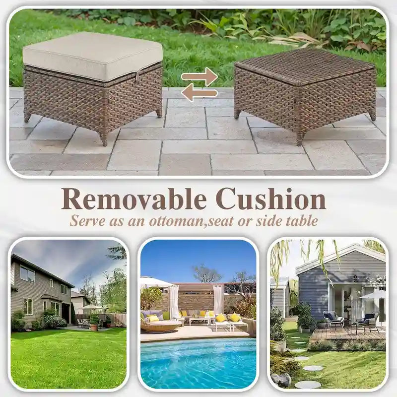 Ensemble de canapé et fauteuils de patio en rotin avec poufs - Marron