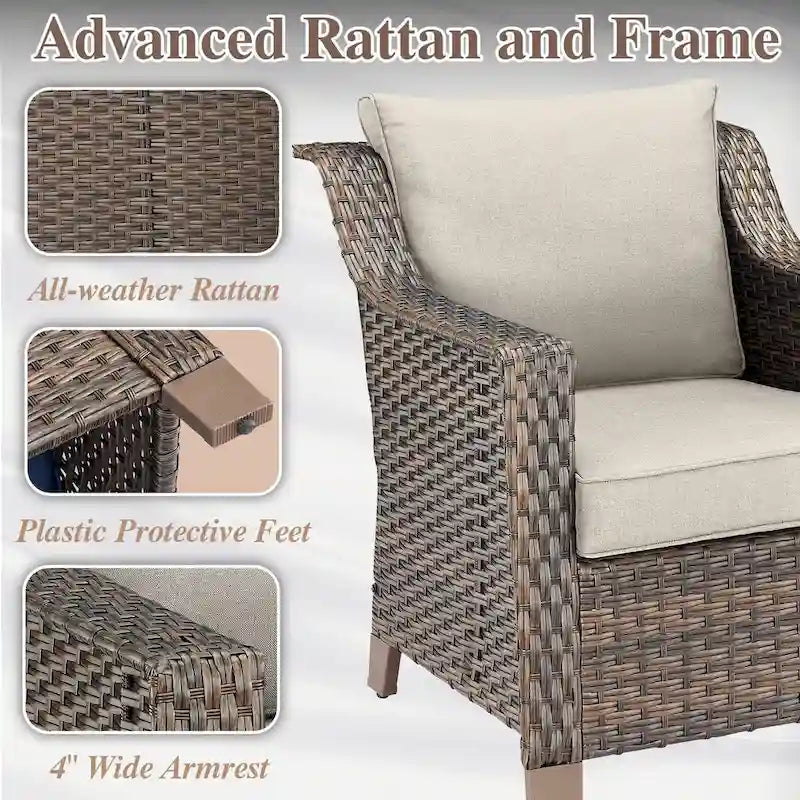 Ensemble de canapé et fauteuils de patio en rotin avec poufs - Marron