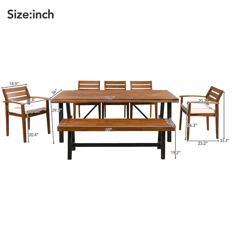 Ensemble de salle à manger d'extérieur 7 pièces en bois avec coussins amovibles et banc