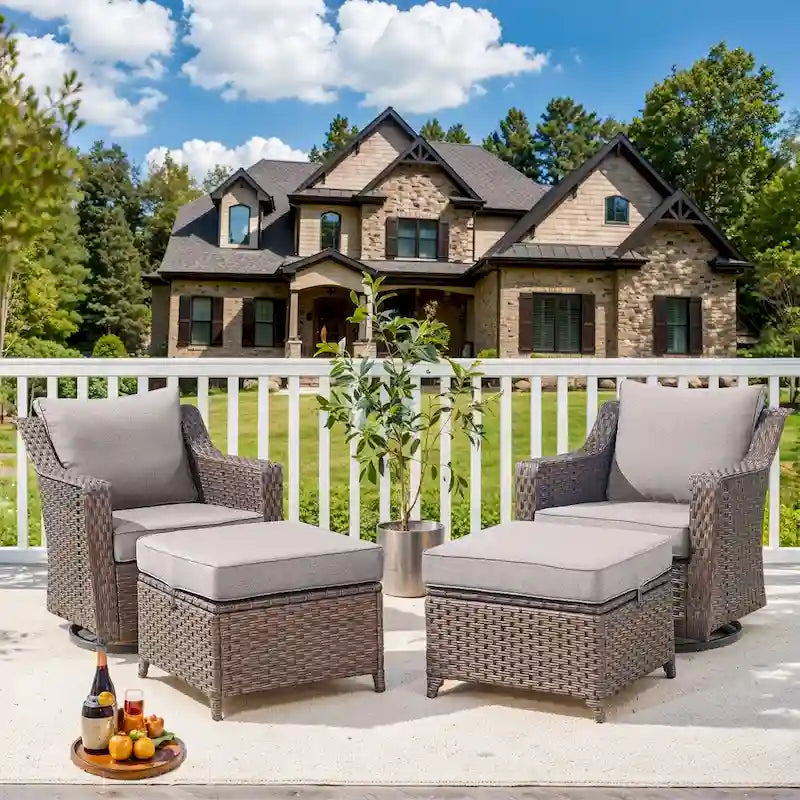Ensemble de 4 fauteuils pivotants en osier avec ottoman pour extérieur - Marron