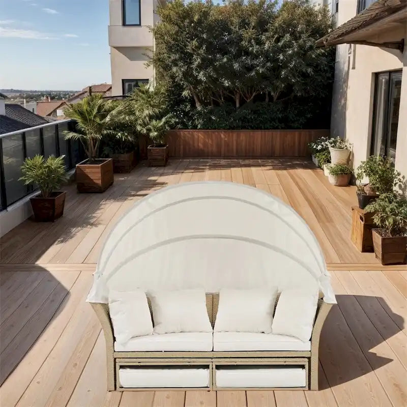 Ensemble de lit de repos en rotin tressé pour terrasse avec auvent rétractable et oreillers