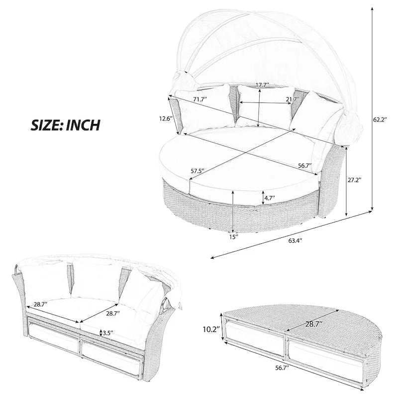 Ensemble de lit de repos en rotin tressé pour terrasse avec auvent rétractable et oreillers