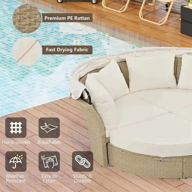 Ensemble de lit de repos en rotin tressé pour terrasse avec auvent rétractable et oreillers