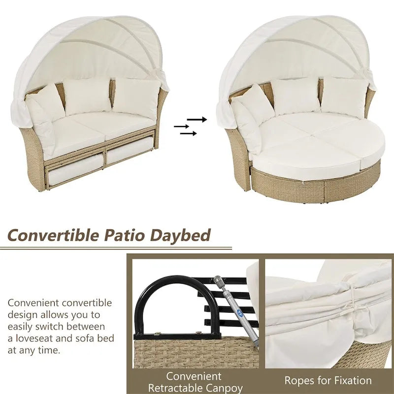 Ensemble de lit de repos en rotin tressé pour terrasse avec auvent rétractable et oreillers
