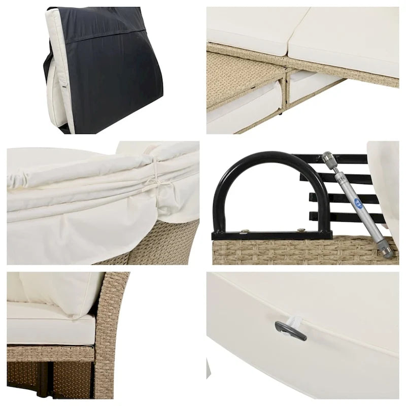 Ensemble de lit de repos en rotin tressé pour terrasse avec auvent rétractable et oreillers