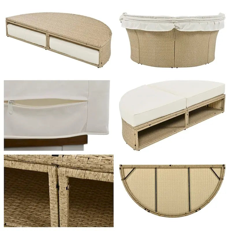 Ensemble de lit de repos en rotin tressé pour terrasse avec auvent rétractable et oreillers