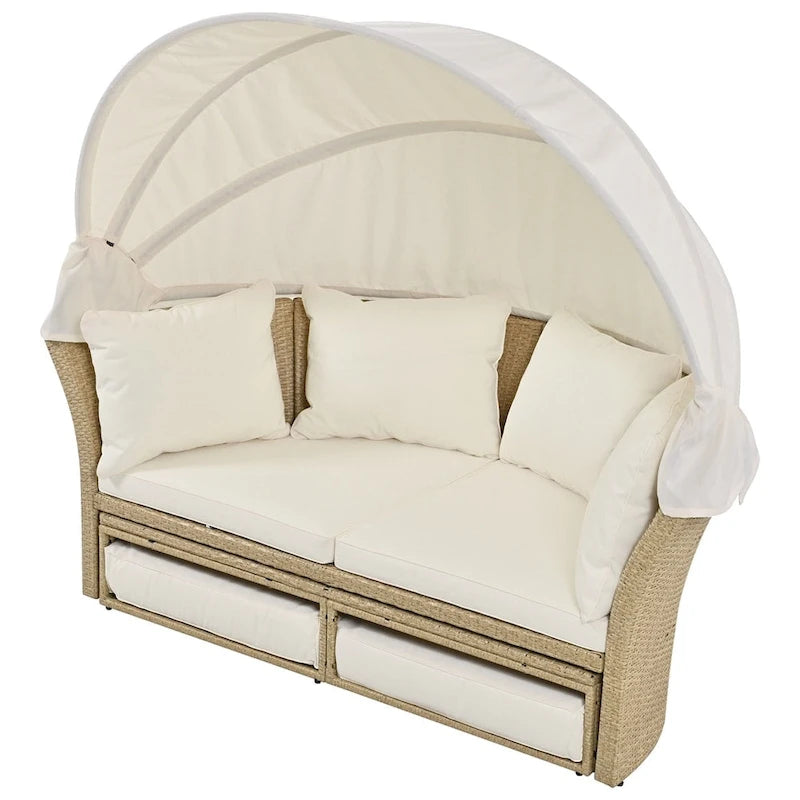 Ensemble de lit de repos en rotin tressé pour terrasse avec auvent rétractable et oreillers