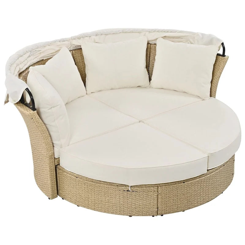 Ensemble de lit de repos en rotin tressé pour terrasse avec auvent rétractable et oreillers