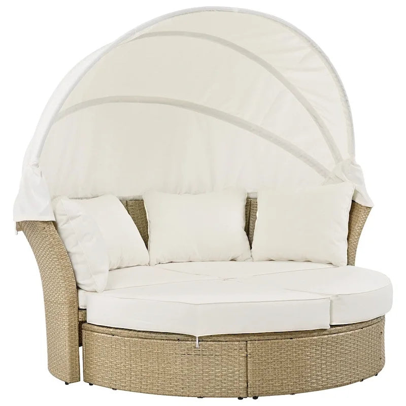 Ensemble de lit de repos en rotin tressé pour terrasse avec auvent rétractable et oreillers