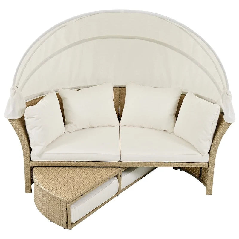 Ensemble de lit de repos en rotin tressé pour terrasse avec auvent rétractable et oreillers