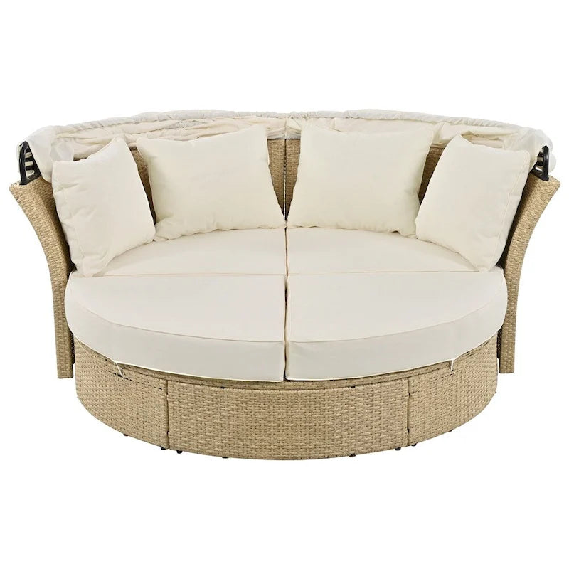 Ensemble de lit de repos en rotin tressé pour terrasse avec auvent rétractable et oreillers