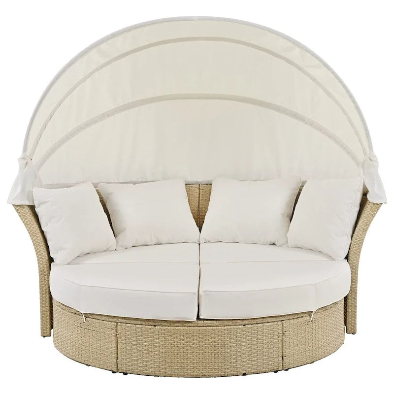 Ensemble de lit de repos en rotin tressé pour terrasse avec auvent rétractable et oreillers