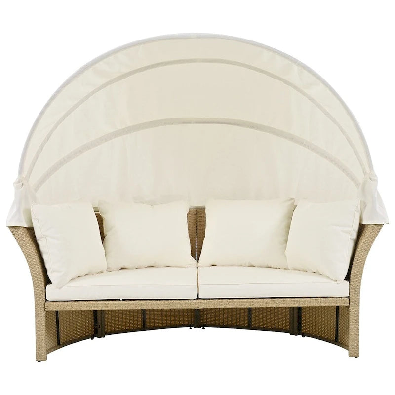 Ensemble de lit de repos en rotin tressé pour terrasse avec auvent rétractable et oreillers