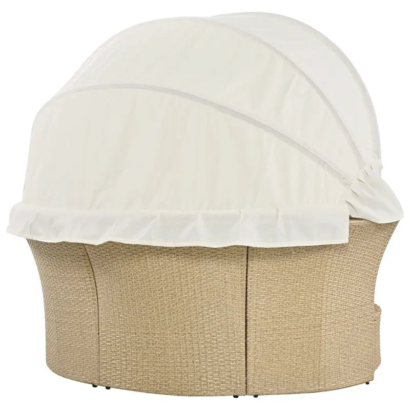 Ensemble de lit de repos en rotin tressé pour terrasse avec auvent rétractable et oreillers