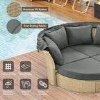 Ensemble de lit de repos en rotin tressé pour terrasse avec auvent rétractable et oreillers