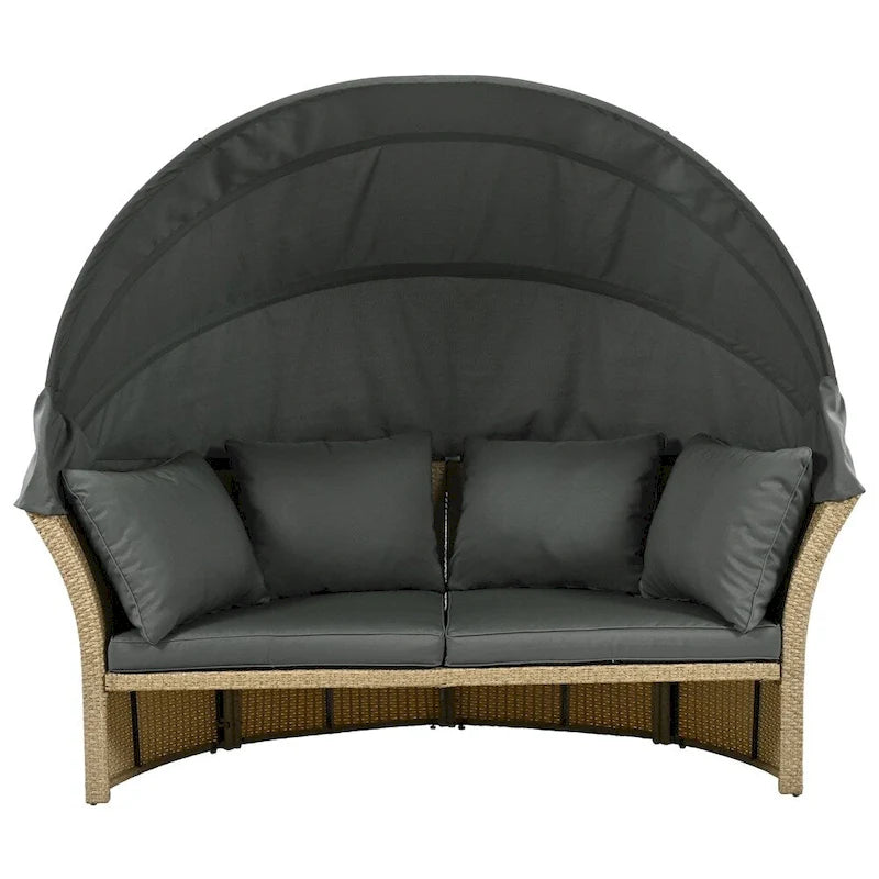 Ensemble de lit de repos en rotin tressé pour terrasse avec auvent rétractable et oreillers