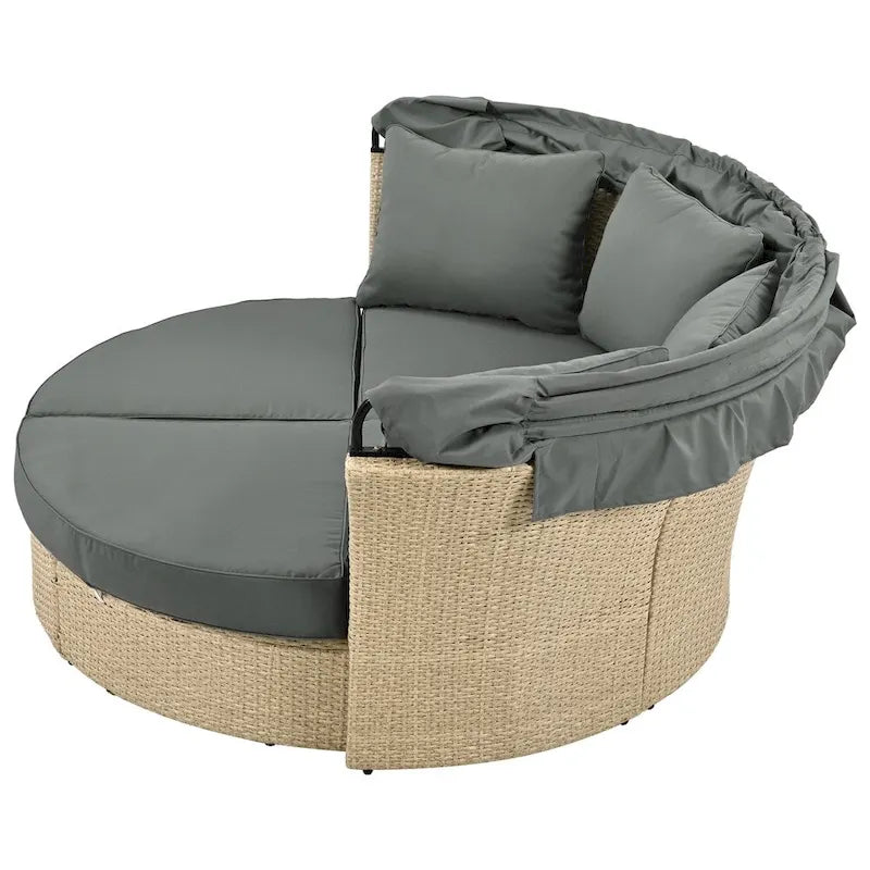 Ensemble de lit de repos en rotin tressé pour terrasse avec auvent rétractable et oreillers