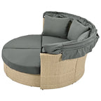 Ensemble de lit de repos en rotin tressé pour terrasse avec auvent rétractable et oreillers