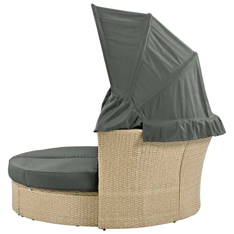 Ensemble de lit de repos en rotin tressé pour terrasse avec auvent rétractable et oreillers