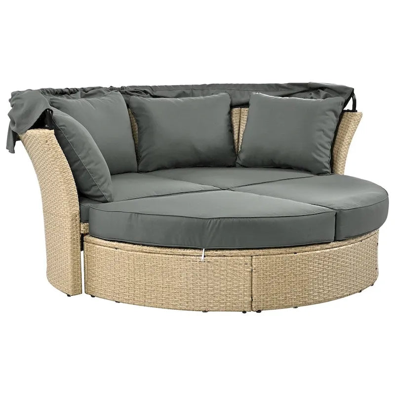 Ensemble de lit de repos en rotin tressé pour terrasse avec auvent rétractable et oreillers