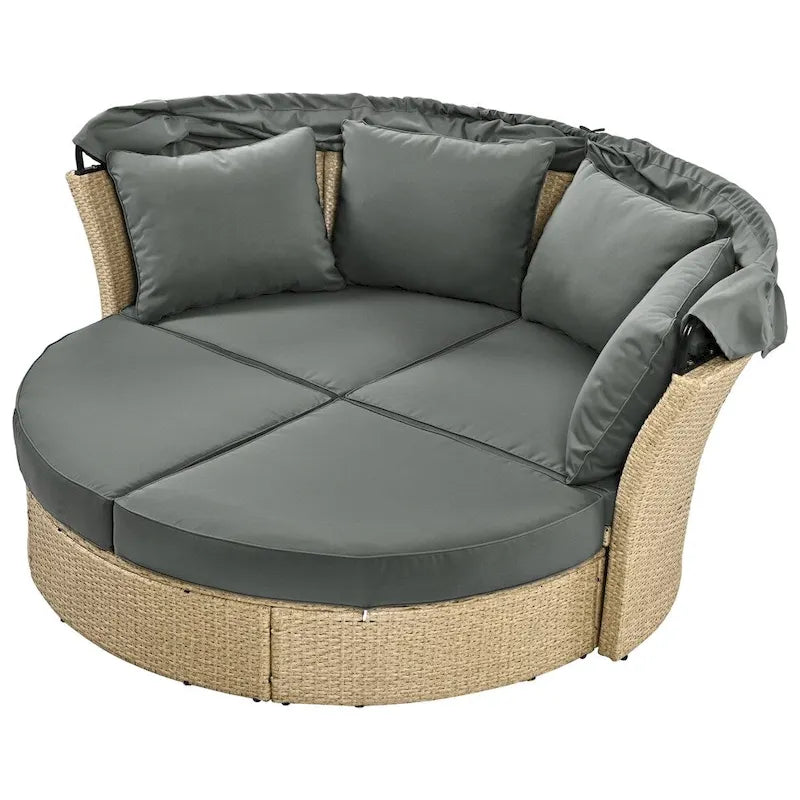 Ensemble de lit de repos en rotin tressé pour terrasse avec auvent rétractable et oreillers