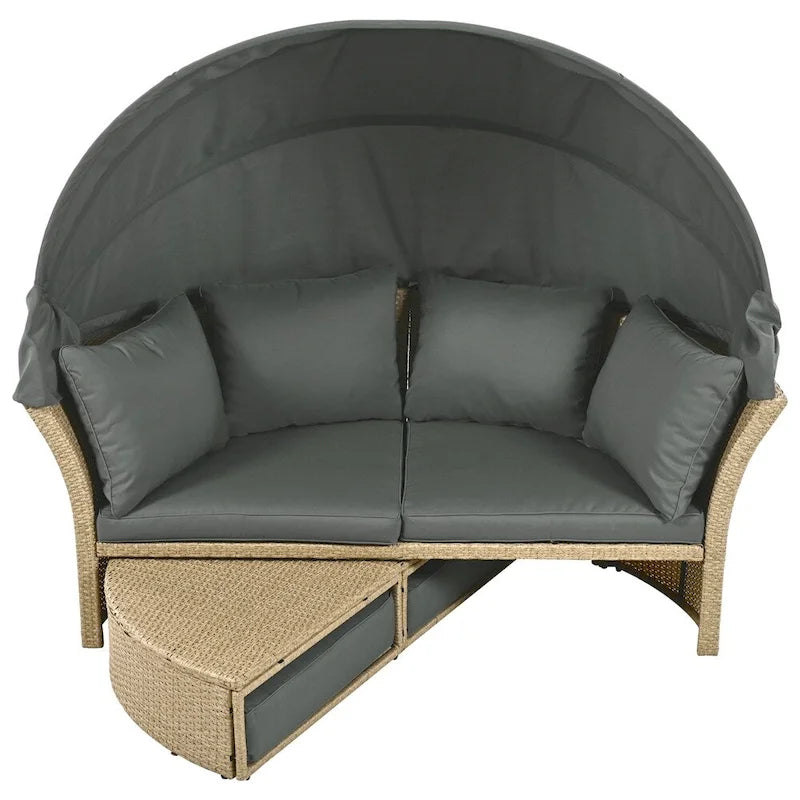 Ensemble de lit de repos en rotin tressé pour terrasse avec auvent rétractable et oreillers