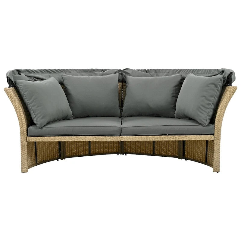 Ensemble de lit de repos en rotin tressé pour terrasse avec auvent rétractable et oreillers