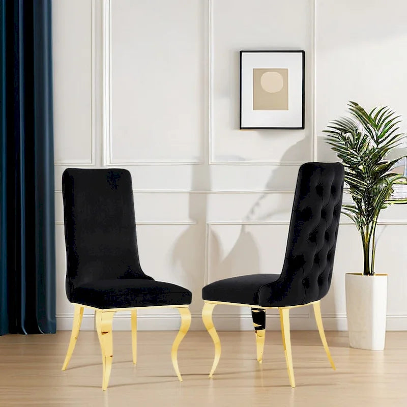 Black Tufted Dining Chairs with Soft Velvet Upholstered and Polished Gold Legs