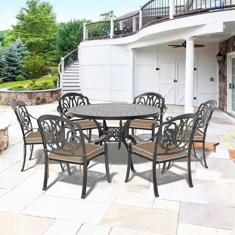 Ensemble de salle à manger d'extérieur 5 ou 7 pièces en aluminium moulé avec table ronde de 120 cm et coussins d'assise de couleur aléatoire