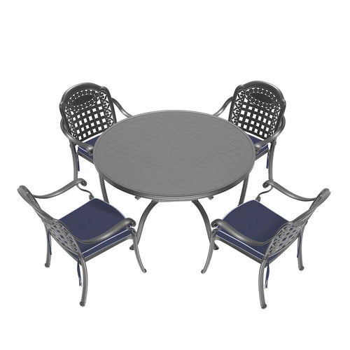 Ensemble de salle à manger d'extérieur 5 ou 7 pièces en aluminium moulé avec table ronde de 120 cm et coussins d'assise de couleur aléatoire