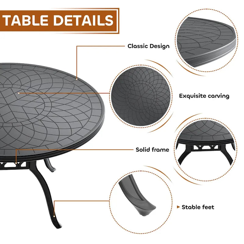 Ensemble de salle à manger d'extérieur 5 ou 7 pièces en aluminium moulé avec table ronde de 120 cm et coussins d'assise de couleur aléatoire