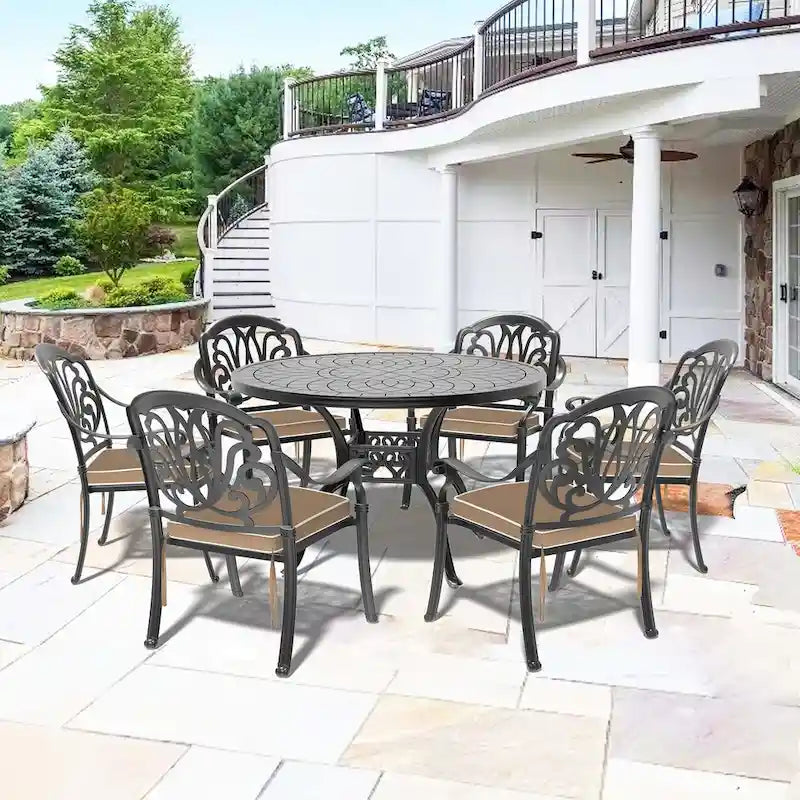 Ensemble de salle à manger d'extérieur 5 ou 7 pièces en aluminium moulé avec table ronde de 120 cm et coussins d'assise de couleur aléatoire