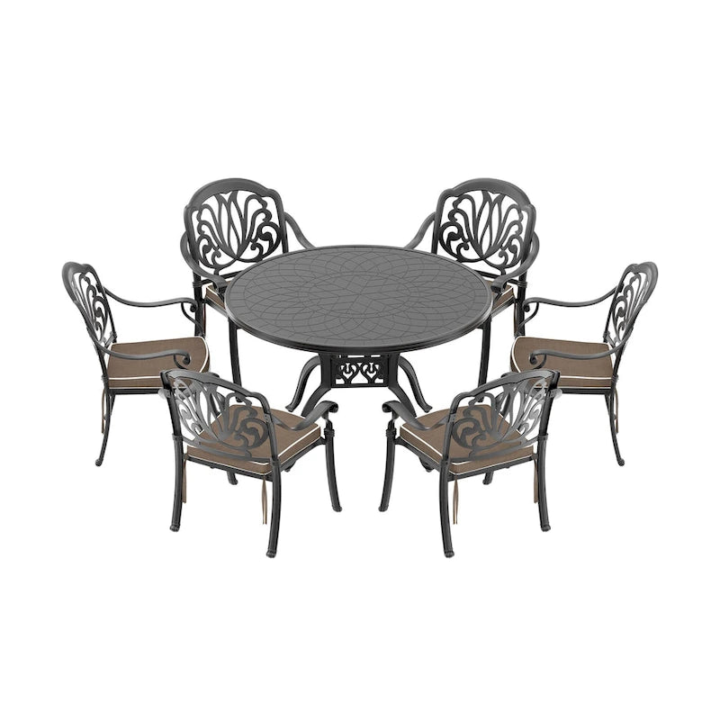 Ensemble de salle à manger d'extérieur 5 ou 7 pièces en aluminium moulé avec table ronde de 120 cm et coussins d'assise de couleur aléatoire